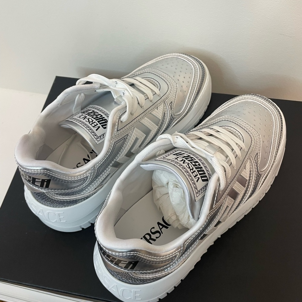 Versace Metallic Silver and White Sneakers